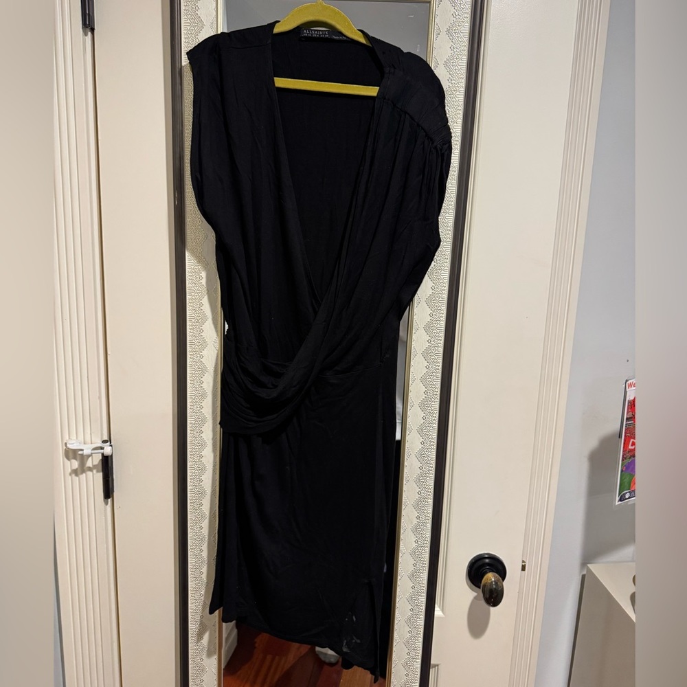 All Saints thin black draped mini dress with small slit